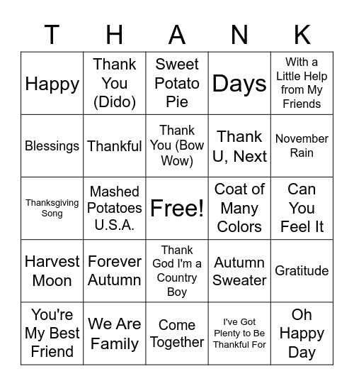 Thanksgiving/Fall/Food Music BINGO Card