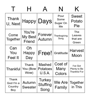 Thanksgiving/Fall/Food Music BINGO Card
