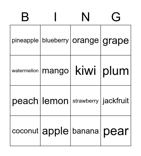 fruits bingo Card