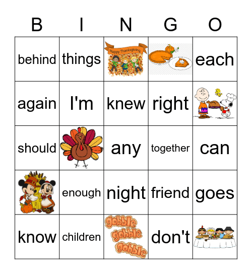 High Frequency Words and Thanksgiving Bingo Card