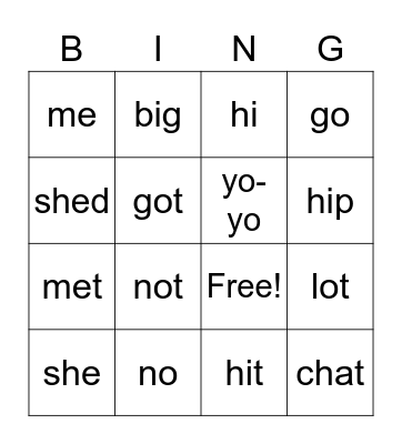 open and closed syllables Bingo Card