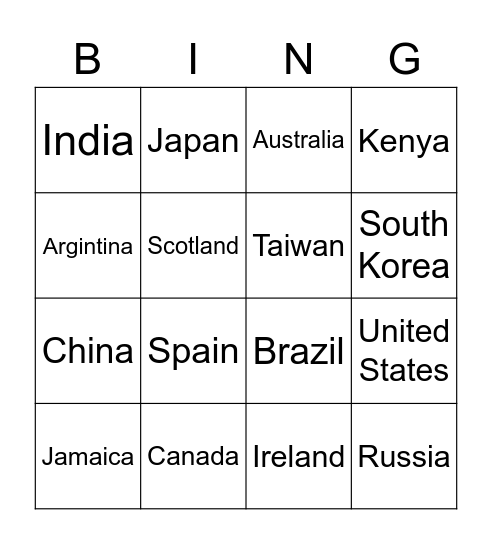 world bingo Card