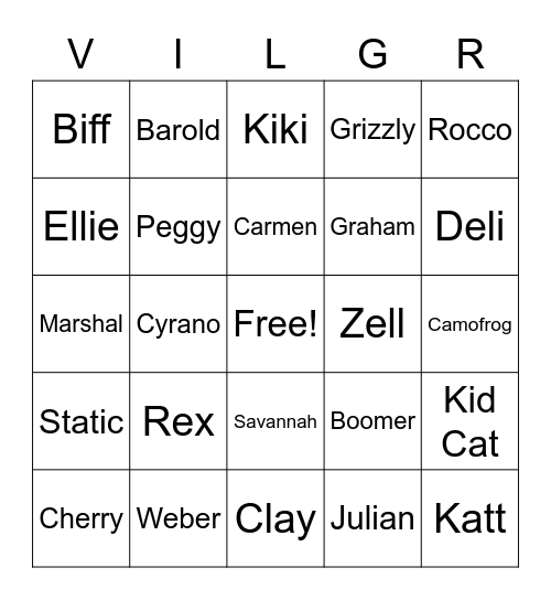 Animal Crossing Villager Bingo Card