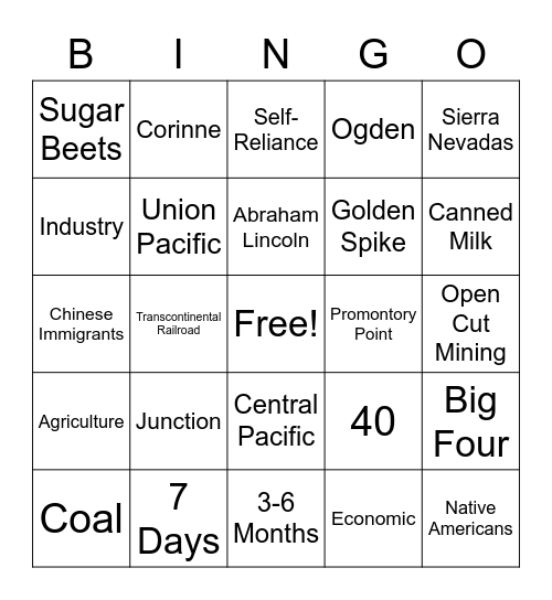 Utah Railroad Bingo Card