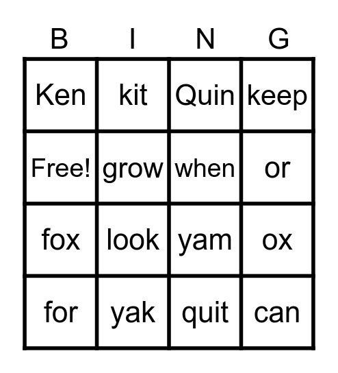 Y, QU, K phonics Bingo Card