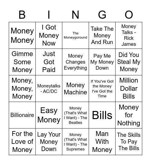Bingo Songs With/About Money Bingo Card