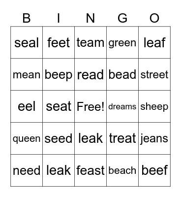 Vowel Team EE and EA Bingo Card