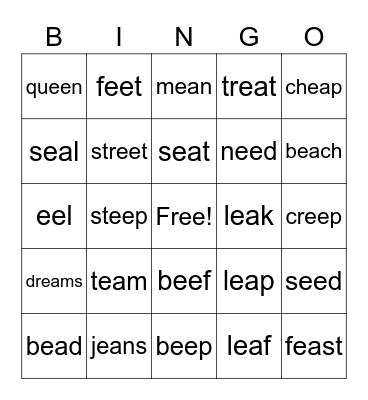 Vowel Team EE and EA Bingo Card