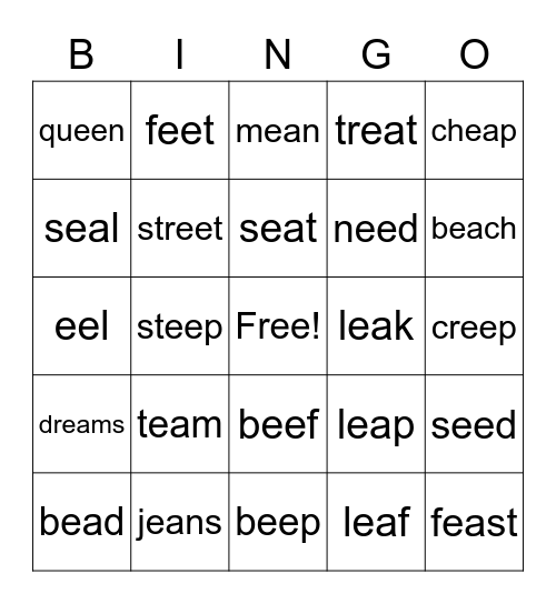 Vowel Team EE and EA Bingo Card