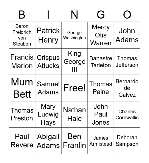 Who's Who in The Revolutionary War Bingo Card