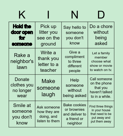 Kindness Bingo Card