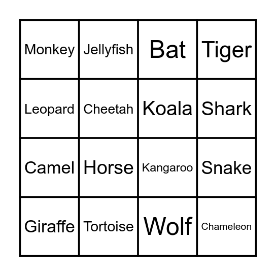 Animals Bingo Card