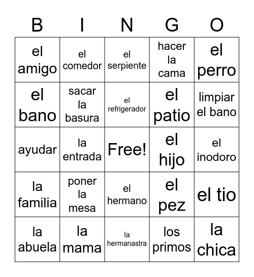 Unit 3 Spanish Bingo Card