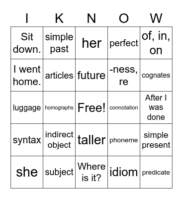TESL Language Bingo Card