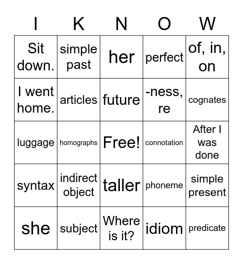 TESL Language Bingo Card