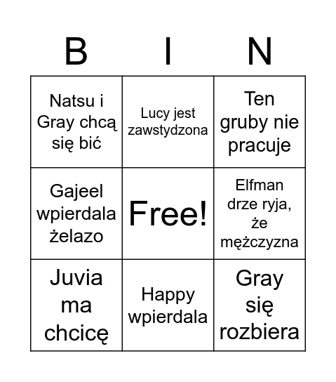 Fairy Tail Bingo Card