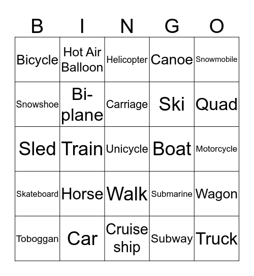 Transportation Bingo Card