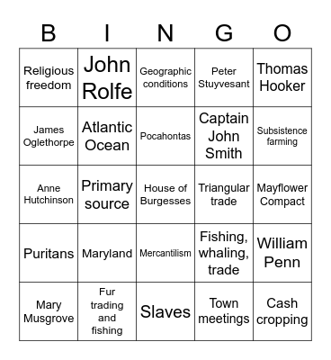 13 Colonies Bingo Card
