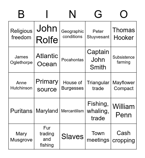 13 Colonies Bingo Card