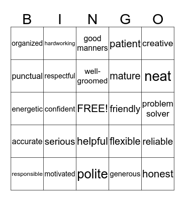 Positive Personal Skills Bingo Card