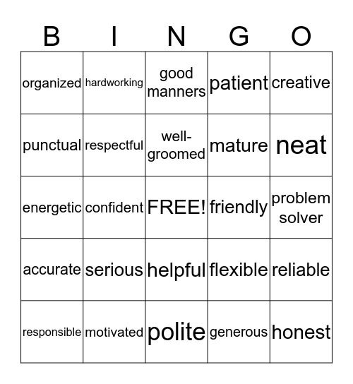 Positive Personal Skills Bingo Card