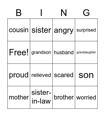 Family and feelings Bingo Card