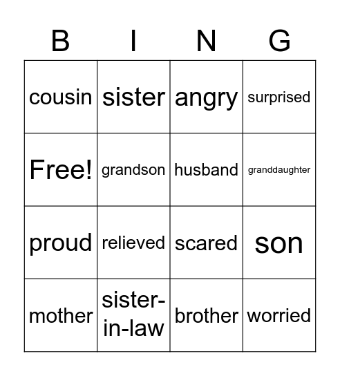 Family and feelings Bingo Card