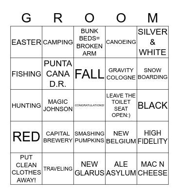 MATT AND NICOLE - JANUARY 12, 2013 Bingo Card