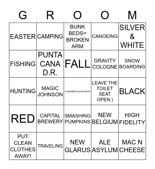 MATT AND NICOLE - JANUARY 12, 2013 Bingo Card