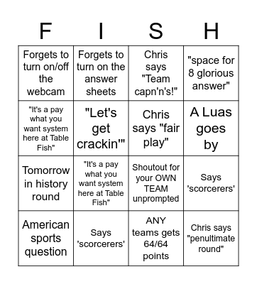 Table Fish Bingo Card