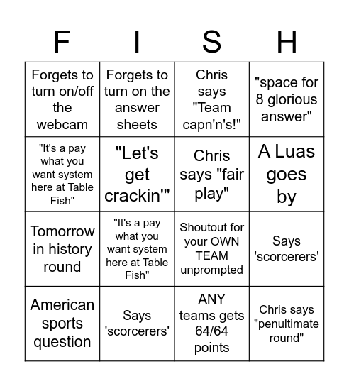 Table Fish Bingo Card