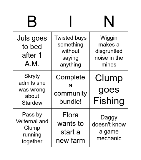 Stardew Valley Bingo Card