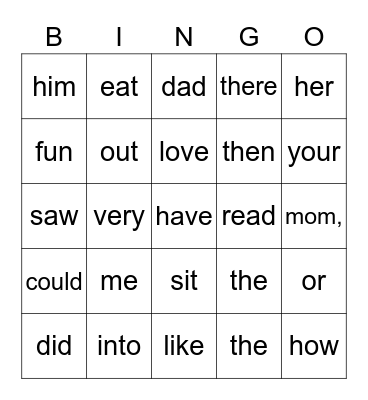 Sight Words Bingo Card
