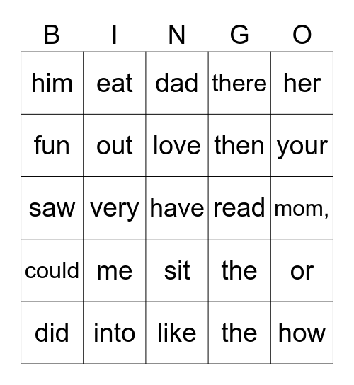 Sight Words Bingo Card
