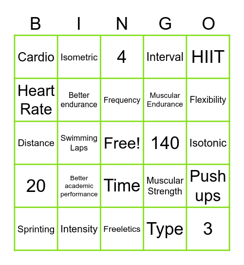 Fitness Terms Bingo Card