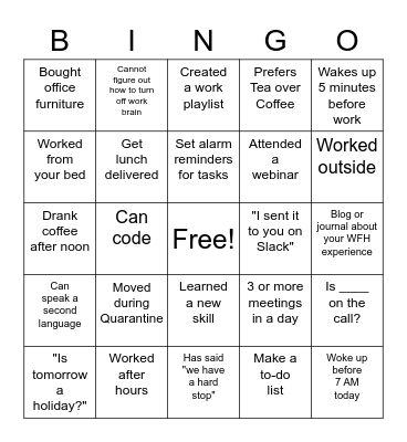 WFH Bingo Card