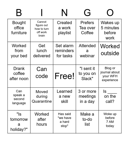 WFH Bingo Card