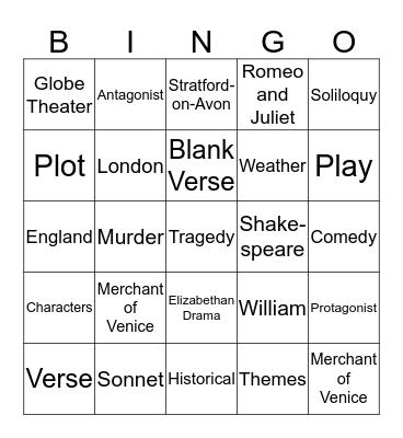 Shakespeare & Elizabethan Era Bingo Card