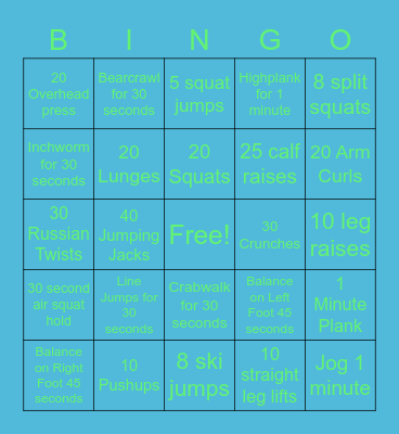 Fitness Bingo Card