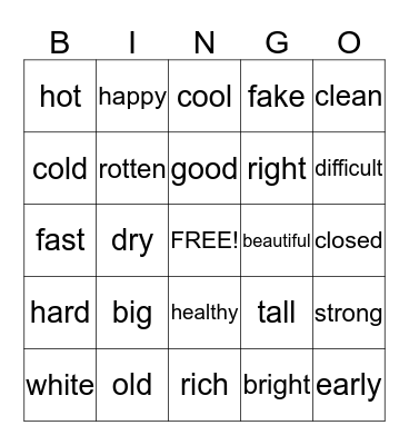 Antonyms of Adjectives Bingo Card