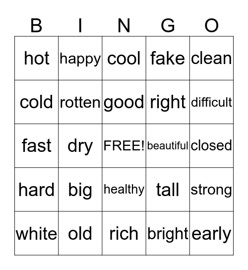 Antonyms of Adjectives Bingo Card