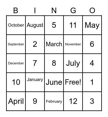 Months of the year Bingo Card