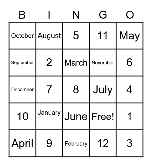 Months of the year Bingo Card