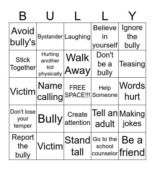 Mechanicsville Elementry Anti- Bully Bingo Card