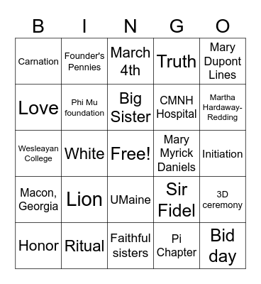Phi Mu Bingo Card