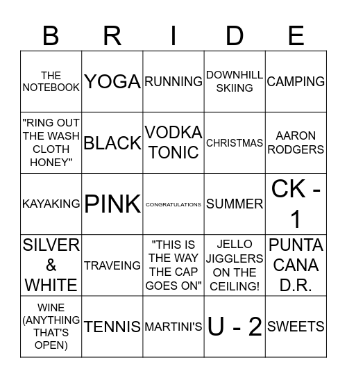 MATT AND NICOLE- JANUARY 12, 2013 Bingo Card