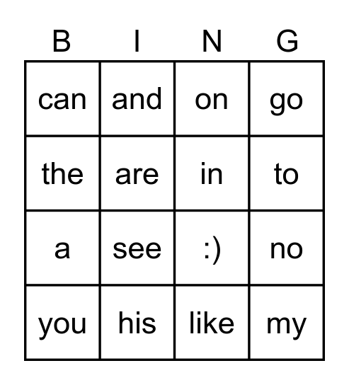 Sight Word Review Bingo Card