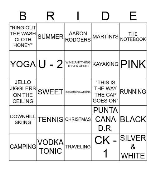 MATT AND NICOLE - JANUARY 12, 2013 Bingo Card