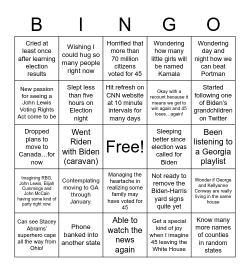 Election 2020 Bingo Card
