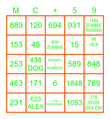Minecraft + Numbers Bingo Card